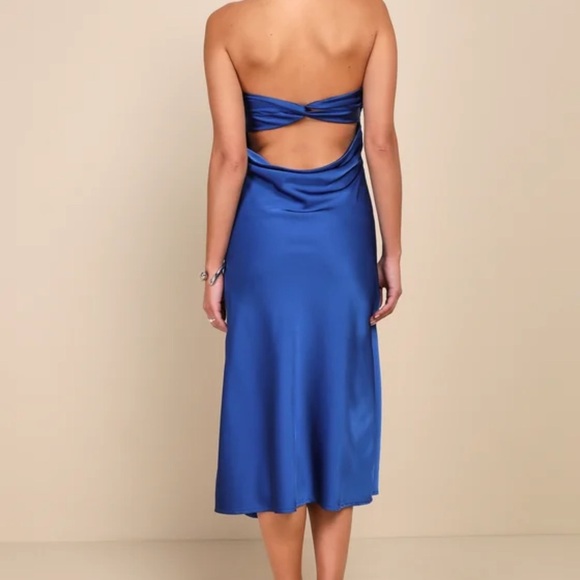 Lulu's Blue Strapless Silk Midi Dress - Picture 2 of 7